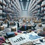 A high-definition, realistic image showcasing the challenges faced by the fashion industry in the export sector of the Marche region, Italy. The scene unfolds in a warehouse setting filled with racks of fashion merchandise ready for shipment. There is apparent disorder and stock overflows, symbolizing surplus production challenges. Several workers of diverse descents and genders are seen grappling with logistical issues, evident from tangled threads of route maps spread over a table. Inserts showing high import tariffs, currency fluctuations and transport delays are manifested in crumbled papers, a graph with decreasing trend and a clock respectively.