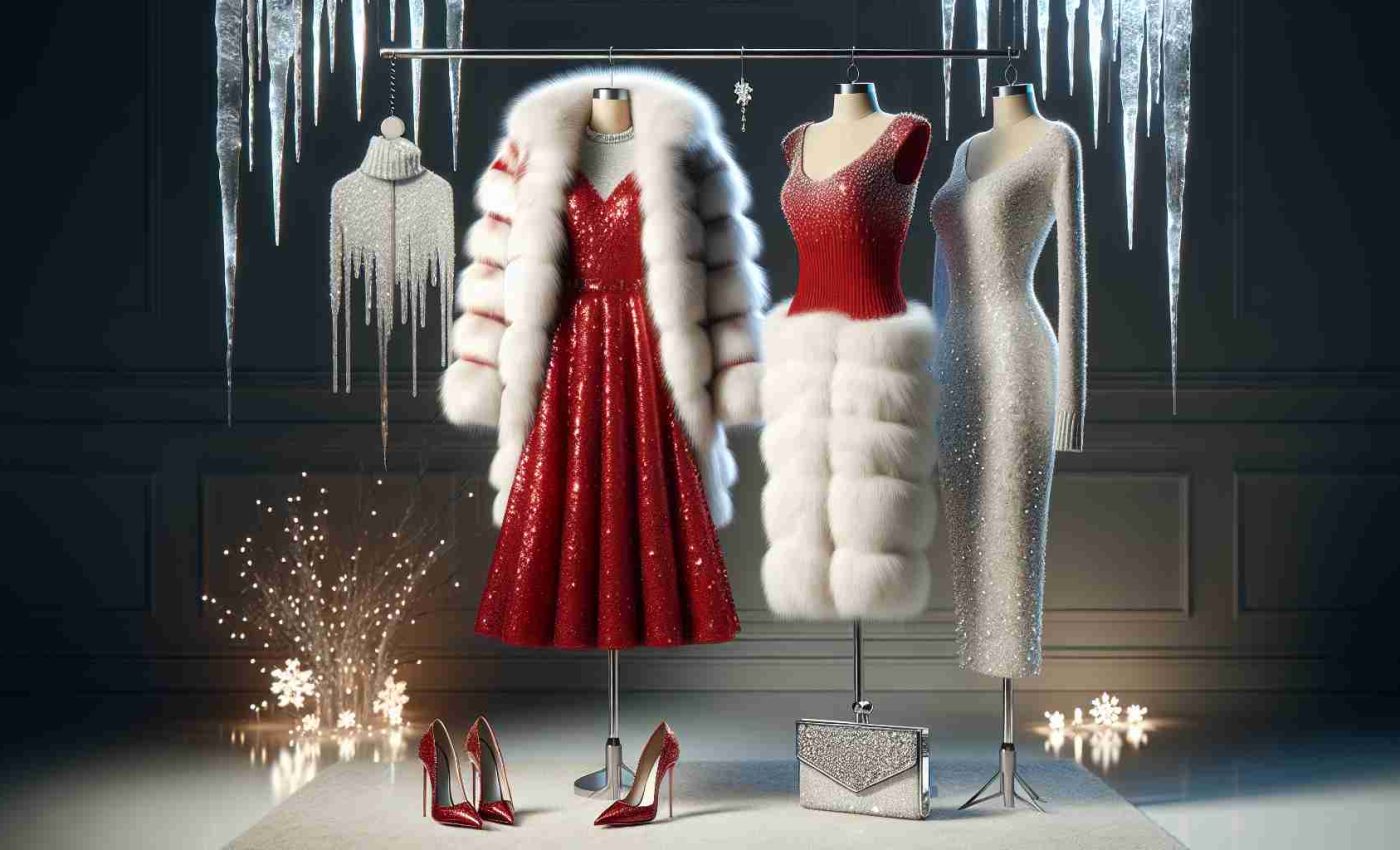 A realistically rendered high-definition image showcasing an impressive clothing ensemble fit for the holiday season. The focus is a chic winter-themed outfit, composed of a red sparkly midi dress, a flattering faux fur white coat, and complementing accessories such as a pair of elegant silver heels and a sequined clutch purse. Icicles are hung in the background adding a festive touch, and twinkling white string lights casting a soft ambient glow, enhancing the holiday spirit.