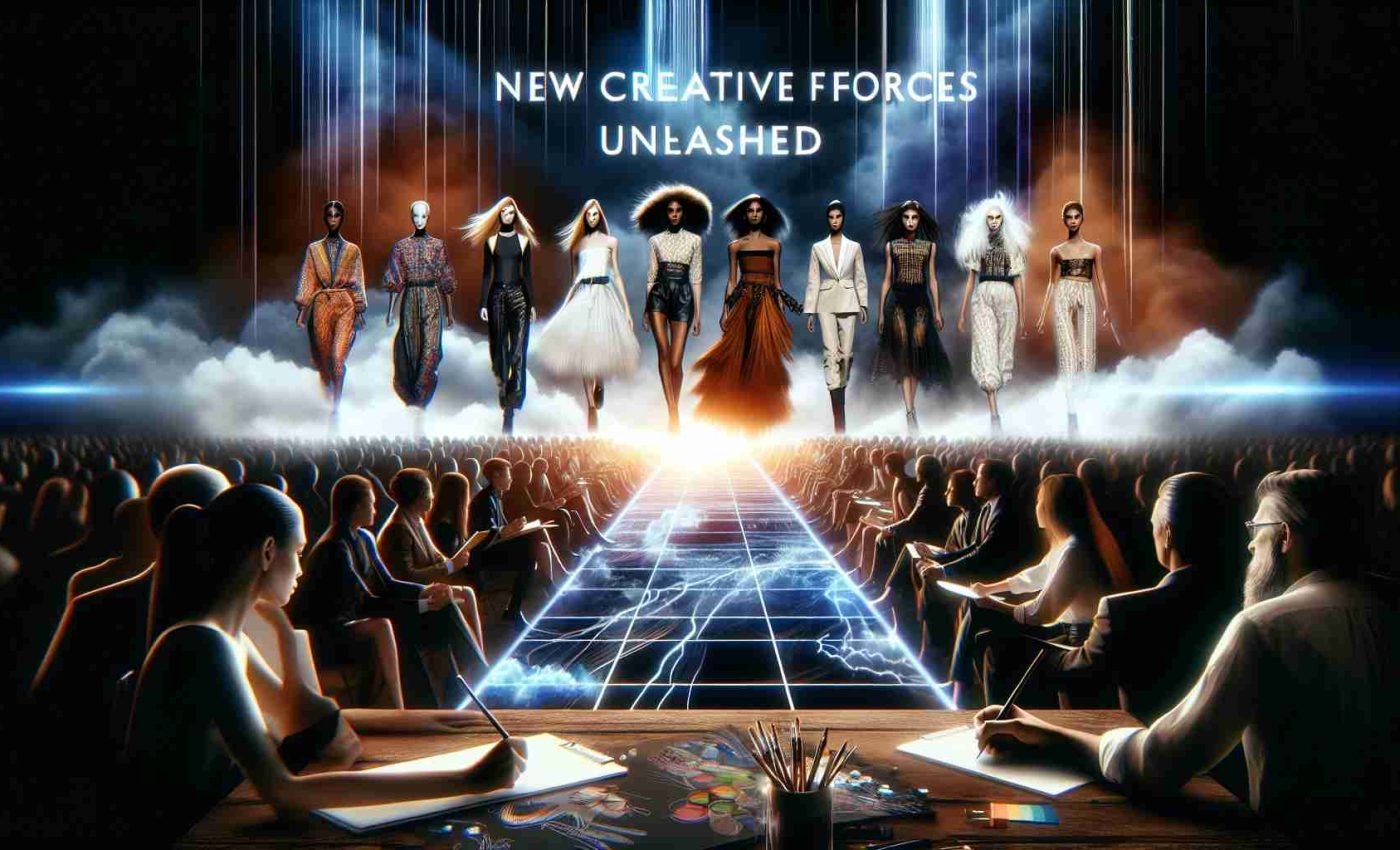 Create a realistic, high definition image capturing the dramatic shift in the fashion industry. Depict a runway with models of different descents such as Caucasian, Hispanic, Black, Middle-Eastern, South Asian, and White, each wearing innovative and trendy clothes. Embody the phrase 'New Creative Forces Unleashed' by showing designers busily sketching nearby. Illustrate the anticipatory question 'What's Next?' with a glowing catwalk exit, symbolizing the mystery of future trends.