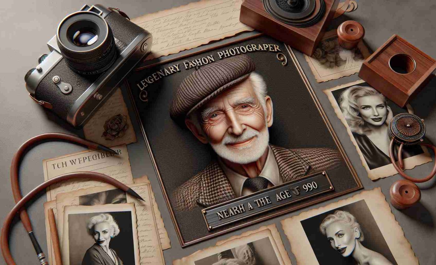 Realistic HD image representing a tribute to a legendary fashion photographer who lived nearly to the age of 90. This image should symbolize respect and admiration for their work. It can include photographic equipment, vintage photos, etc.