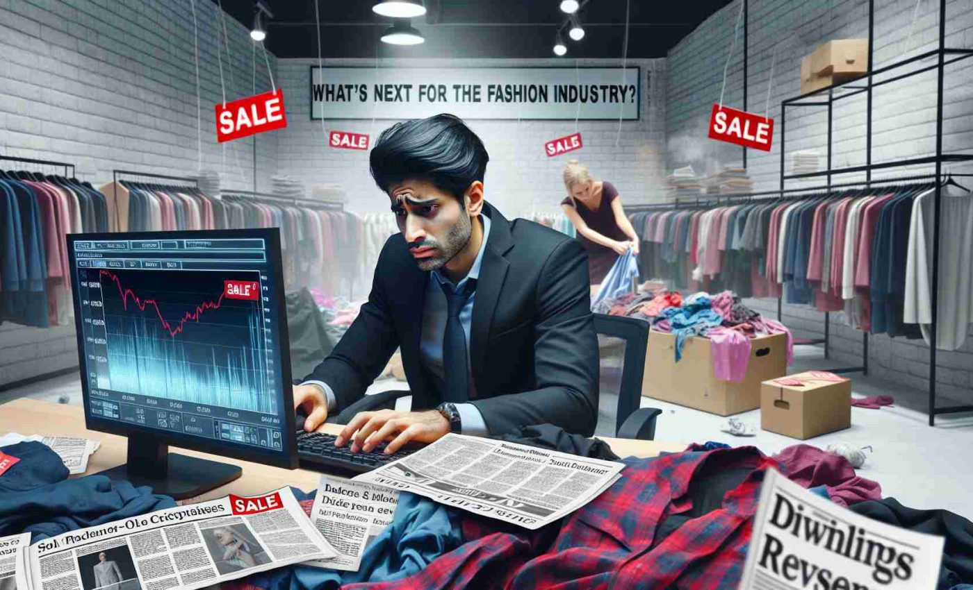 Generate a realistic, high-definition image depicting the crisis in the fashion industry. The scene should include a clothing store with 'sale' signs everywhere, indicating a large drop in sales. In the foreground, show a South Asian male fashion designer appearing stressed and unhappy as he looks at dwindling revenues on his computer screen. In the background, a Caucasian female shop assistant is folding unsold clothes with a worried expression on her face. Newspaper headlines scattered around talking about 'What's Next for the Fashion Industry?'