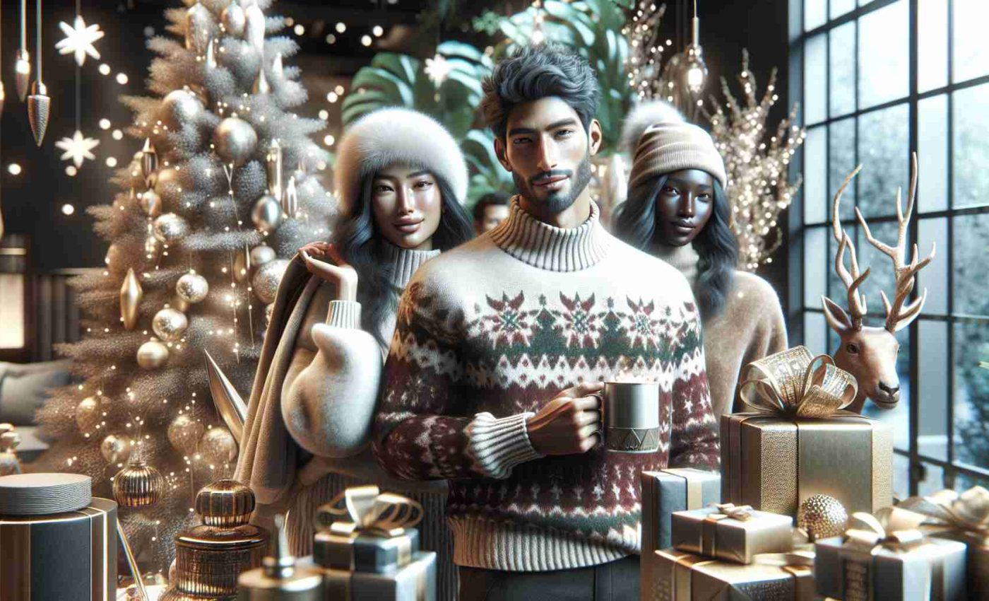 A high-definition, realistic image showcasing the embodiment of holiday spirit. The scene is abuzz with the latest trends in holiday style. Imagine decorations with contemporary flair, a twinkling Christmas tree adorned with modern ornaments, a centerpiece highly influenced by this year's popular decor elements, and elegantly wrapped presents that signify the season's sophistication. Clothing styles are also on point, with a South Asian woman wearing a fashionable winter outfit while holding a mug of hot chocolate and a Hispanic man sporting a trendy holiday-themed sweater.