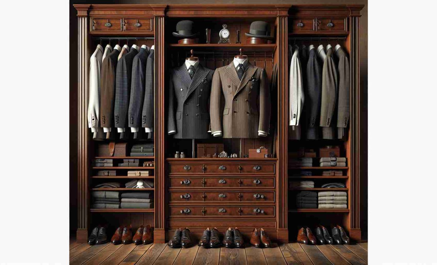 A high-definition, realistic image of a classic gentleman's wardrobe making a comeback. Imagine a grand wooden wardrobe, brimming with the timeless elegance of men's fashion. The wardrobe contains suits of various cuts - double-breasted, pin-striped - alongside crisp white shirts, silk ties of varying patterns, and polished leather shoes. Adding to the charm are accessories such as pocket watches, cufflinks, and bowler hats. The whole scene evokes a sense of nostalgia and renewed appreciation for the sophistication of previous eras.