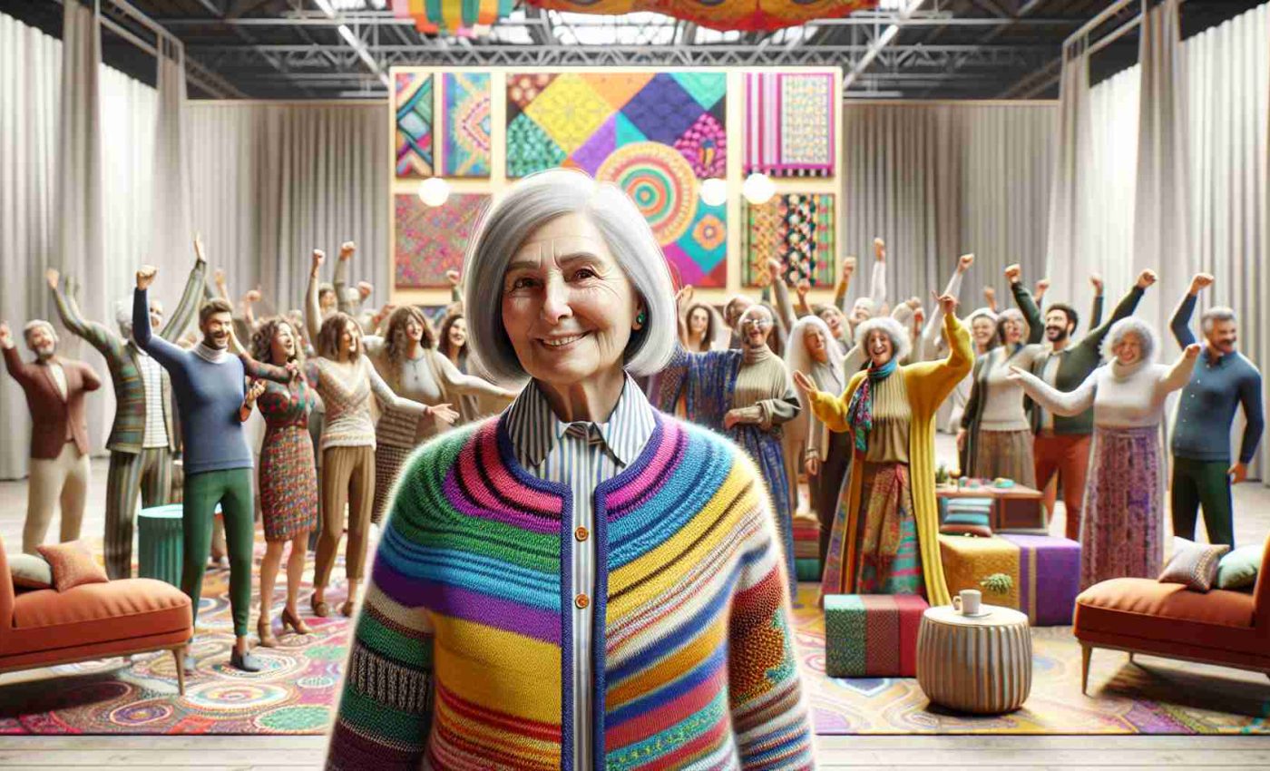 A high-definition, realistic rendering of a heartfelt farewell celebration. Set in an indoor venue with a warm and inviting atmosphere. Depict multiple people showing different positive emotions as if celebrating a memorable life. Notably, a woman in her elderly years with an elegant gray hairstyle, wearing a brightly colored knitwear – a celebration of her love for fashion and color. The colors and patterns in her clothing should reflect a unique, vibrant, and eclectic aesthetic. Around her, decor should reflect her passion for textiles, with innovative, colorful patterns adorning the space. Make it a poignant but joyful moment, a true celebration of life.