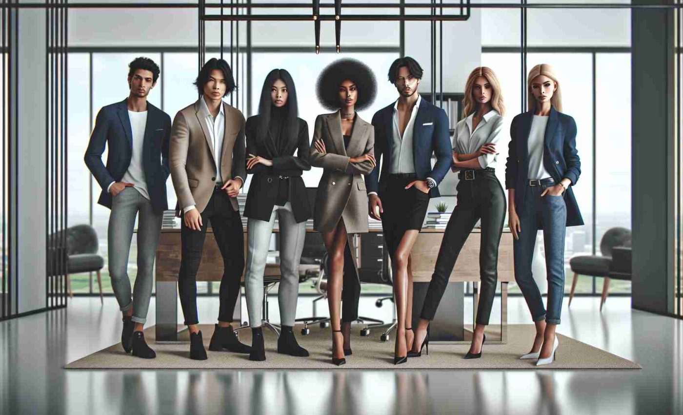 Create a realistic, high-definition image featuring the new leaders of a major fashion organization. Nine individuals are part of this leadership group, four men and five women, each possessing their own distinct style and attitude. Three of the men are Asian, one is Black; amongst the women, two are Hispanic, two are Caucasian and one is Middle Eastern. They stand confidently in a modern, chic office environment- a testament to their authority in the realm of fashion. They exude an air of change and revolution, paving the way for a new era in fashion.