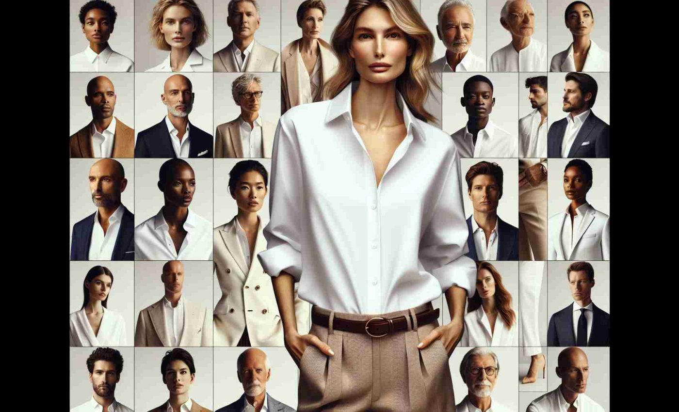 Generate a high definition image showcasing a pivotal moment in fashion history: the resurgence of the iconic white shirt. In the image, feature a diverse group of individuals representing different descents and genders. Let the elegant simplicity and versatile nature of the white shirt shine through. Focus on details like the crisp, clean lines, classic button-down style, and timeless nature that transcends trends. The individuals should express various styles, from casual to business, to underscore the white shirt's universal appeal.